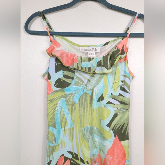 Vintage Jessica Ash Tropical Midi Dress Ruffle Neck Size Small Made in USA - Picture 12 of 15